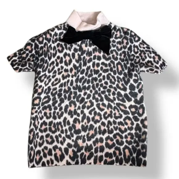 Kate Spade Leopard Bow Sweater XS Wool Short Sleeve Turtleneck Animal Print Top
